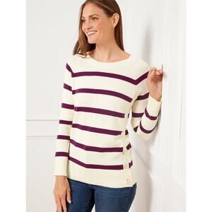 Talbots Button Detail Crewneck Sweater Mariner Stripe Ivory Magenta XL Nautical
